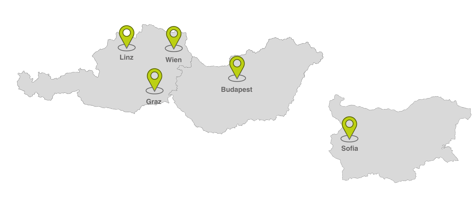 Landkarte mit den Standorten der Firma TODAY Experts in Österreich, Ungarn und Bulgarien