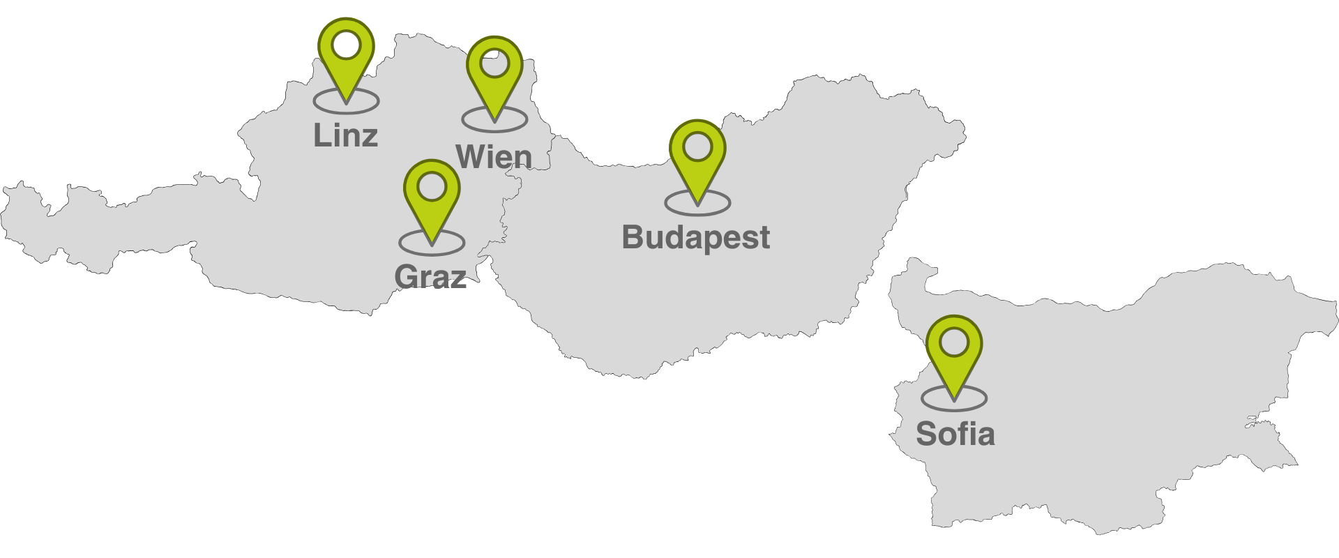 Landkarte mit den Standorten der Firma TODAY Experts in Österreich, Ungarn und Bulgarien